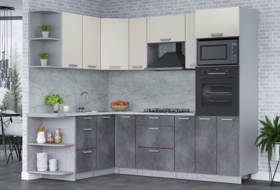 Кухонный гарнитур Интерлиния Мила Лайт 1.68x2.4 левая (персидский жемчуг/бетон портленд/серый каспий)