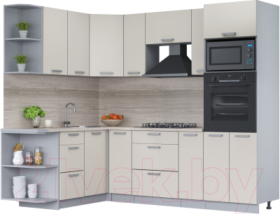 Кухонный гарнитур Интерлиния Мила Лайт 1.68x2.4 левая (персидский жемчуг/персид. жемчуг/травертин серый) - фото