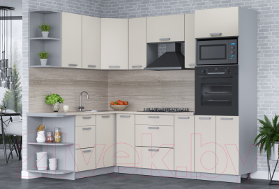 Кухонный гарнитур Интерлиния Мила Лайт 1.68x2.4 левая (персидский жемчуг/персид. жемчуг/травертин серый)