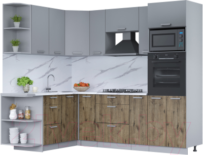Кухонный гарнитур Интерлиния Мила Лайт 1.68x2.4 левая (серебро/дуб веллингтон/белый гранит) - фото