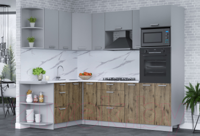 Кухонный гарнитур Интерлиния Мила Лайт 1.68x2.4 левая (серебро/дуб веллингтон/белый гранит)