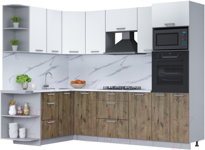 Кухонный гарнитур Интерлиния Мила Лайт 1.68x2.6 левая (белый платинум/дуб веллингтон/белый гранит) - фото