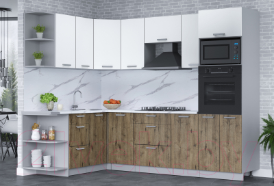 Кухонный гарнитур Интерлиния Мила Лайт 1.68x2.6 левая (белый платинум/дуб веллингтон/белый гранит)