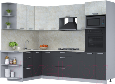 Кухонный гарнитур Интерлиния Мила Лайт 1.68x2.6 левая (бетон лайт/антрацит/опал светлый) - фото