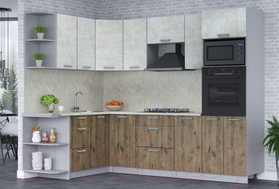 Кухонный гарнитур Интерлиния Мила Лайт 1.68x2.6 левая (бетон лайт/дуб веллингтон/опал светлый)