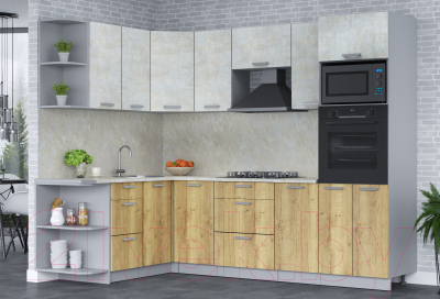 Кухонный гарнитур Интерлиния Мила Лайт 1.68x2.6 левая (бетон лайт/дуб золотой/опал светлый)