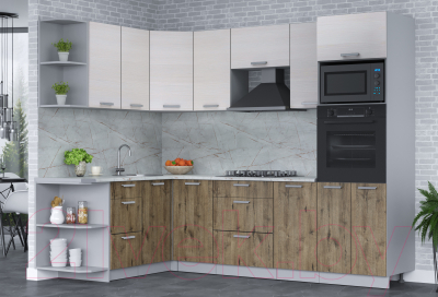 Кухонный гарнитур Интерлиния Мила Лайт 1.68x2.6 левая (вудлайн кремовый/дуб веллингтон/серый каспий)