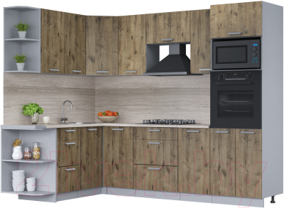 Кухонный гарнитур Интерлиния Мила Лайт 1.68x2.6 левая (дуб веллингтон/дуб веллингтон/травертин серый) - фото