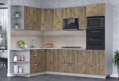 Кухонный гарнитур Интерлиния Мила Лайт 1.68x2.6 левая (дуб веллингтон/дуб веллингтон/травертин серый)