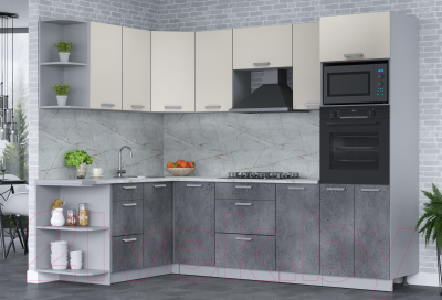 Кухонный гарнитур Интерлиния Мила Лайт 1.68x2.6 левая (персидский жемчуг/бетон портленд/серый каспий)