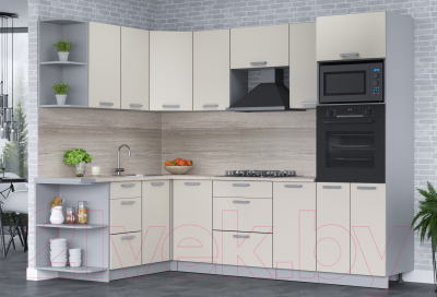 Кухонный гарнитур Интерлиния Мила Лайт 1.68x2.6 левая (персидский жемчуг/персид. жемчуг/травертин серый)