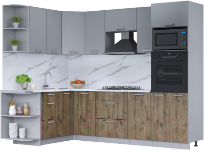 Кухонный гарнитур Интерлиния Мила Лайт 1.68x2.6 левая (серебро/дуб веллингтон/белый гранит) - фото