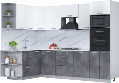 Кухонный гарнитур Интерлиния Мила Лайт 1.68x2.8 левая (белый платинум/бетон портленд/белый гранит) - фото