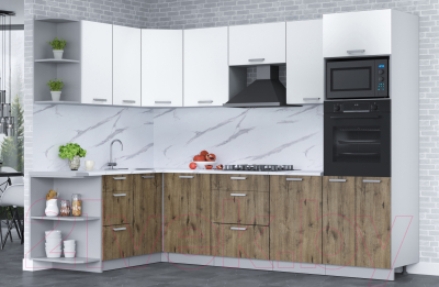 Кухонный гарнитур Интерлиния Мила Лайт 1.68x2.8 левая (белый платинум/дуб веллингтон/белый гранит)