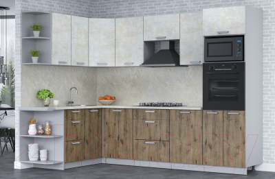 Кухонный гарнитур Интерлиния Мила Лайт 1.68x2.8 левая (бетон лайт/дуб веллингтон/опал светлый)