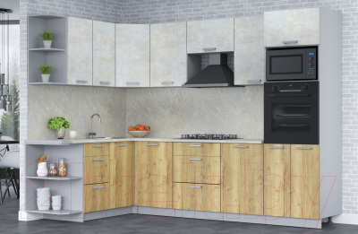 Кухонный гарнитур Интерлиния Мила Лайт 1.68x2.8 левая (бетон лайт/дуб золотой/опал светлый)