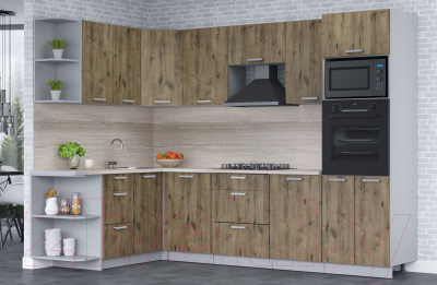 Кухонный гарнитур Интерлиния Мила Лайт 1.68x2.8 левая (дуб веллингтон/дуб веллингтон/травертин серый)