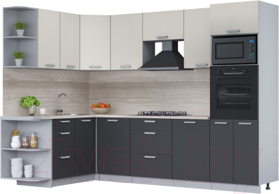 Кухонный гарнитур Интерлиния Мила Лайт 1.68x2.8 левая (персидский жемчуг/антрацит/травертин серый) - фото