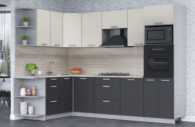 Кухонный гарнитур Интерлиния Мила Лайт 1.68x2.8 левая (персидский жемчуг/антрацит/травертин серый)