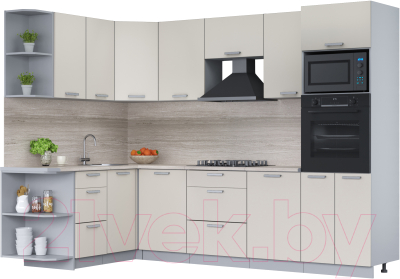 Кухонный гарнитур Интерлиния Мила Лайт 1.68x2.8 левая (персидский жемчуг/персид. жемчуг/травертин серый) - фото