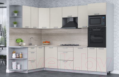 Кухонный гарнитур Интерлиния Мила Лайт 1.68x2.8 левая (персидский жемчуг/персид. жемчуг/травертин серый)