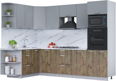Кухонный гарнитур Интерлиния Мила Лайт 1.68x2.8 левая (серебро/дуб веллингтон/белый гранит) - фото