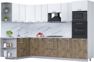 Кухонный гарнитур Интерлиния Мила Лайт 1.68x3.0 левая (белый платинум/дуб веллингтон/белый гранит) - фото