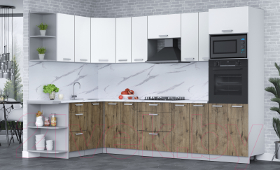 Кухонный гарнитур Интерлиния Мила Лайт 1.68x3.0 левая (белый платинум/дуб веллингтон/белый гранит)