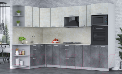 Кухонный гарнитур Интерлиния Мила Лайт 1.68x3.0 левая (бетон лайт/бетон портленд/опал светлый)