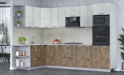 Кухонный гарнитур Интерлиния Мила Лайт 1.68x3.0 левая (бетон лайт/дуб веллингтон/опал светлый)