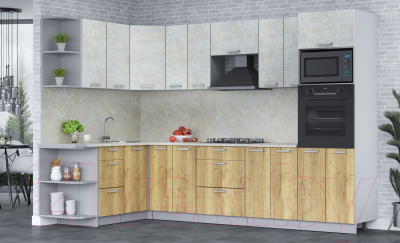 Кухонный гарнитур Интерлиния Мила Лайт 1.68x3.0 левая (бетон лайт/дуб золотой/опал светлый)