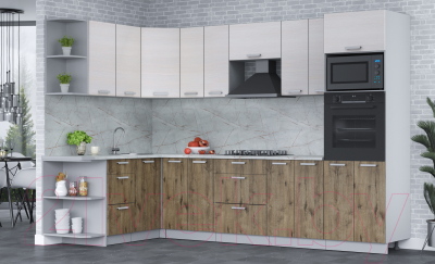 Кухонный гарнитур Интерлиния Мила Лайт 1.68x3.0 левая (вудлайн кремовый/дуб веллингтон/серый каспий)