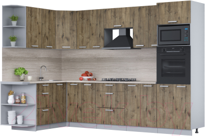 Кухонный гарнитур Интерлиния Мила Лайт 1.68x3.0 левая (дуб веллингтон/дуб веллингтон/травертин серый) - фото