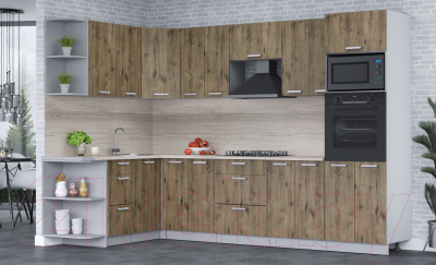 Кухонный гарнитур Интерлиния Мила Лайт 1.68x3.0 левая (дуб веллингтон/дуб веллингтон/травертин серый)