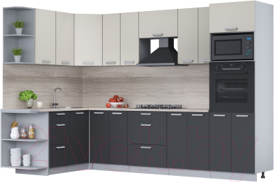 Кухонный гарнитур Интерлиния Мила Лайт 1.68x3.0 левая (персидский жемчуг/антрацит/травертин серый) - фото