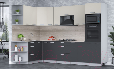 Кухонный гарнитур Интерлиния Мила Лайт 1.68x3.0 левая (персидский жемчуг/антрацит/травертин серый)