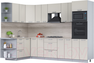 Кухонный гарнитур Интерлиния Мила Лайт 1.68x3.0 левая (персидский жемчуг/персидский жемчуг/травертин серый) - фото