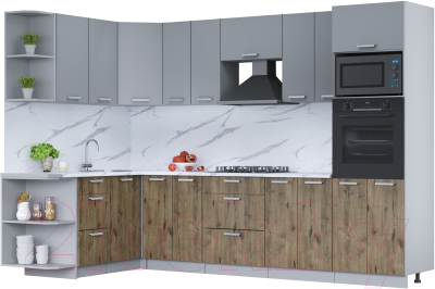 Кухонный гарнитур Интерлиния Мила Лайт 1.68x3.0 левая (серебро/дуб веллингтон/белый гранит) - фото