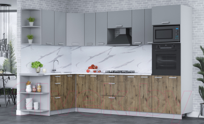 Кухонный гарнитур Интерлиния Мила Лайт 1.68x3.0 левая (серебро/дуб веллингтон/белый гранит)