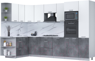 Кухонный гарнитур Интерлиния Мила Лайт 1.68x3.2 левая (белый платинум/бетон портленд/белый гранит) - фото