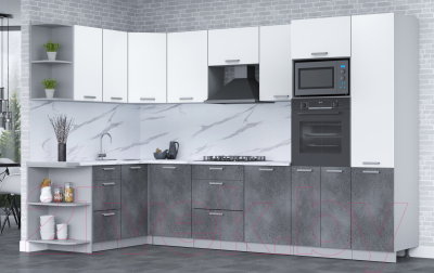 Кухонный гарнитур Интерлиния Мила Лайт 1.68x3.2 левая (белый платинум/бетон портленд/белый гранит)