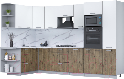 Кухонный гарнитур Интерлиния Мила Лайт 1.68x3.2 левая (белый платинум/дуб веллингтон/белый гранит) - фото