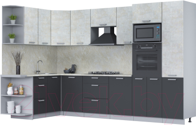 Кухонный гарнитур Интерлиния Мила Лайт 1.68x3.2 левая (бетон лайт/антрацит/опал светлый) - фото