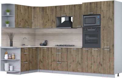 Кухонный гарнитур Интерлиния Мила Лайт 1.68x3.2 левая (дуб веллингтон/дуб веллингтон/травертин серый) - фото