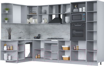 Кухонный гарнитур Интерлиния Мила Лайт 1.68x3.2 левая (дуб веллингтон/дуб веллингтон/травертин серый)