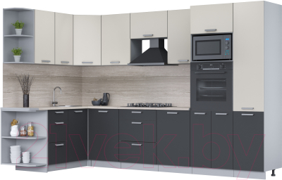 Кухонный гарнитур Интерлиния Мила Лайт 1.68x3.2 левая (персидский жемчуг/антрацит/травертин серый) - фото