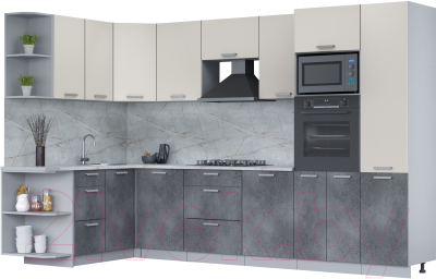 Кухонный гарнитур Интерлиния Мила Лайт 1.68x3.2 левая (персидский жемчуг/бетон портленд/серый каспий) - фото