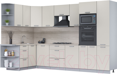 Кухонный гарнитур Интерлиния Мила Лайт 1.68x3.2 левая (персидский жемчуг/персид. жемчуг/травертин серый) - фото