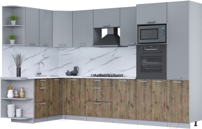 Кухонный гарнитур Интерлиния Мила Лайт 1.68x3.2 левая (серебро/дуб веллингтон/белый гранит) - фото