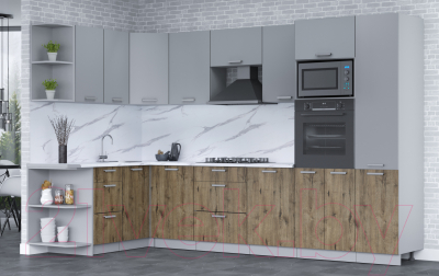 Кухонный гарнитур Интерлиния Мила Лайт 1.68x3.2 левая (серебро/дуб веллингтон/белый гранит)